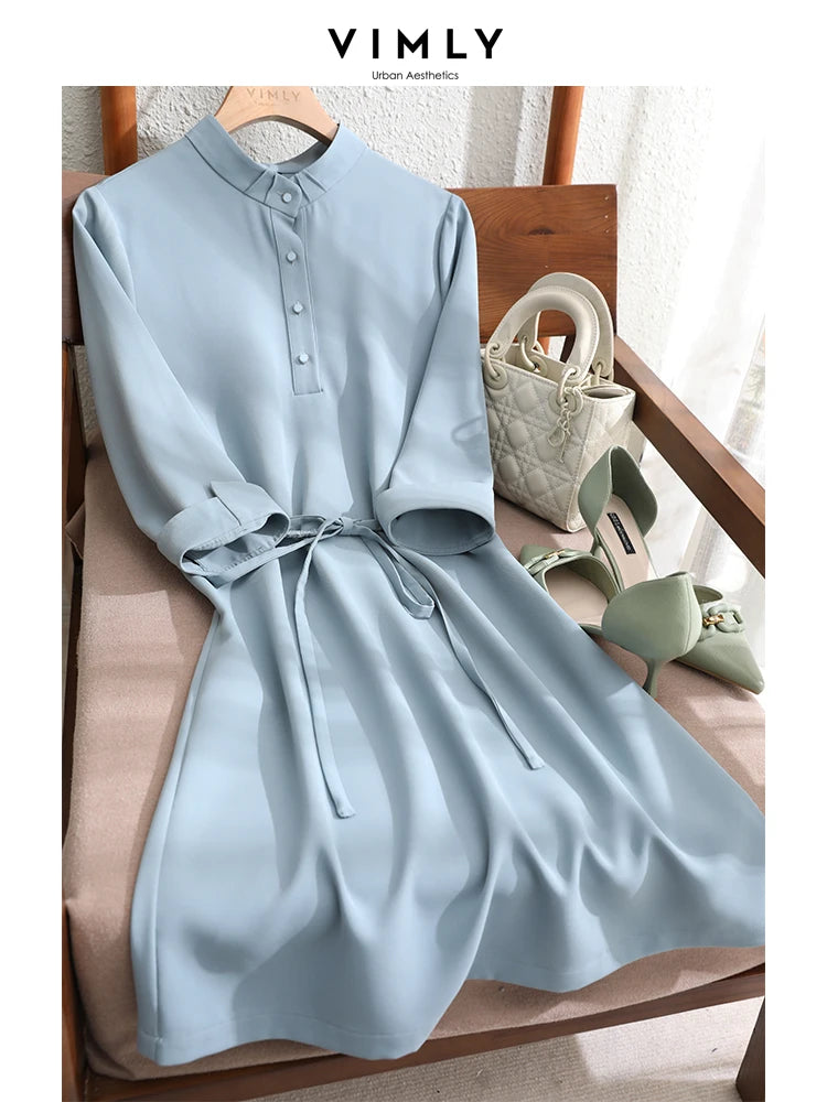 Elegant Solid Lace-up Slim Waist Dress Women Summer Straight Stand Collar Long Sleeve Office Ladies Vintage Dresses