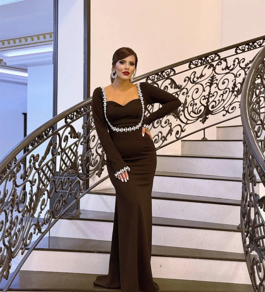 Spring Women Long Sleeve Square Collar Sparkly Crystal Bodycon Long Bandage Dress Celebrate Evening Party Outfit