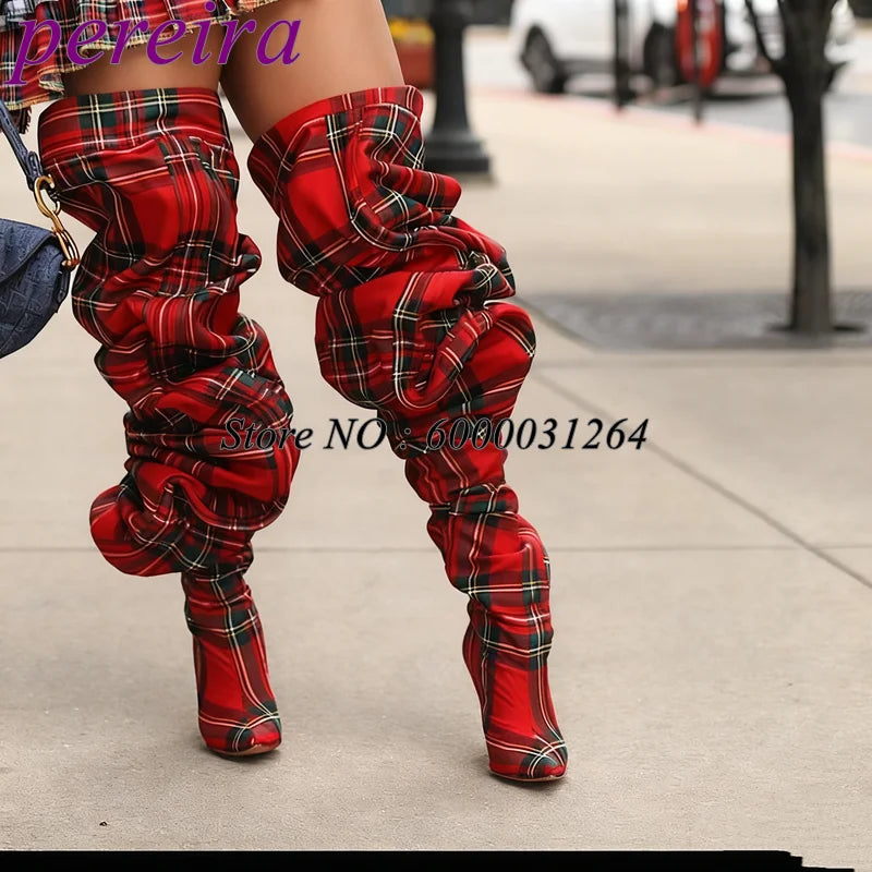 Loose Pleated Pointy Toe Boots Plaid Wide Fit Women Luxury Designer Shoes Ladies Over The Knee Botas Stiletto Mixed Color Bootie