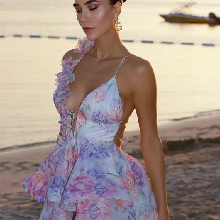 Elegant Flare Sleeve V Neck Printed Mini Dress Sweet Hollow Out Pleated A-line Puffy Gown New Women's Summer Evening Vestidos