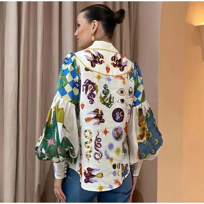 Casual Women's Print Shirt Lantern Sleeve Single Breasted Turn-down Collar Female Shirts Fashion Cartoon Lady Top Street