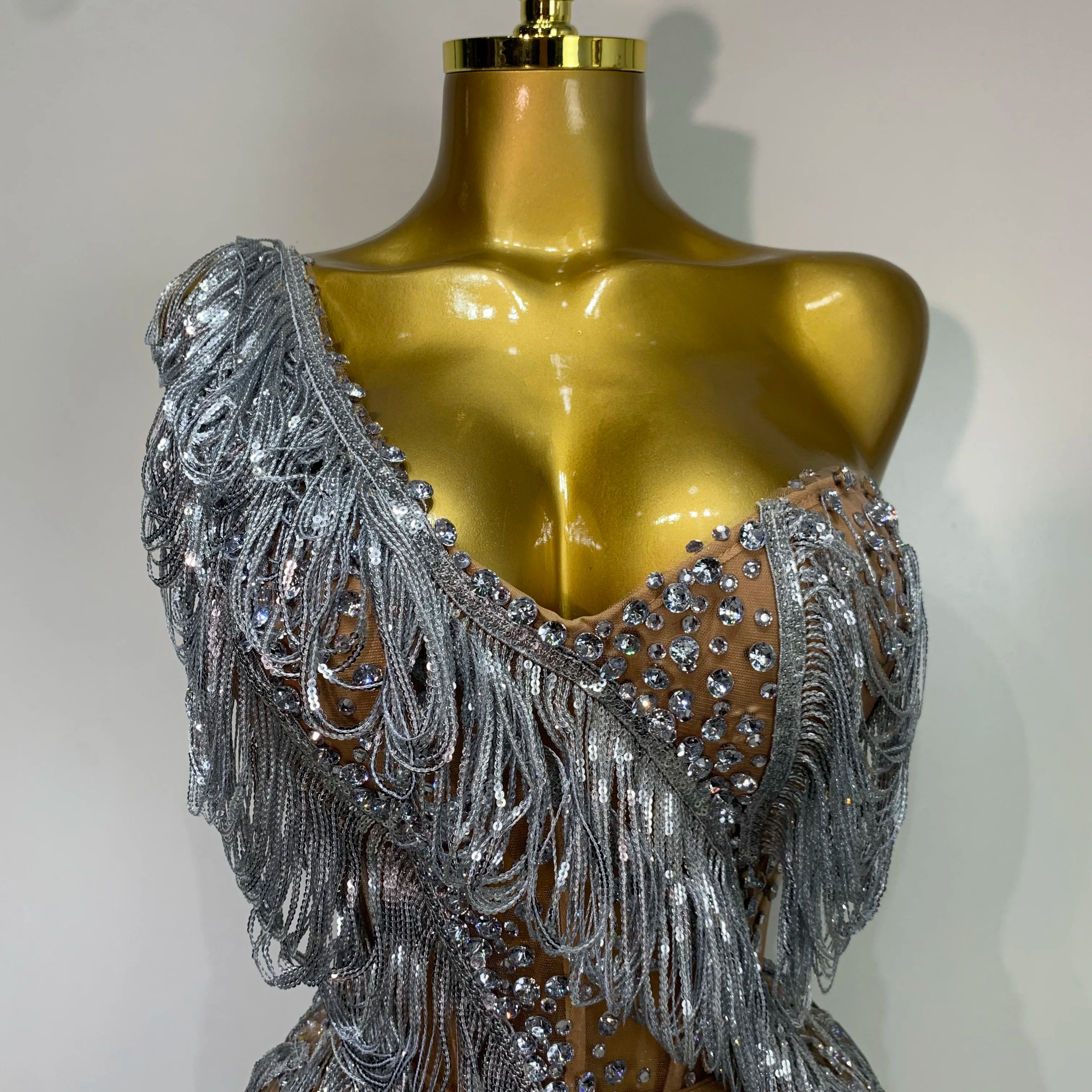 Sparkly Rhinestone Tassel Mesh Dress Nightclub Dance Stage Performance Costume Evening Party One shoulder Nigtclub Mini Dress