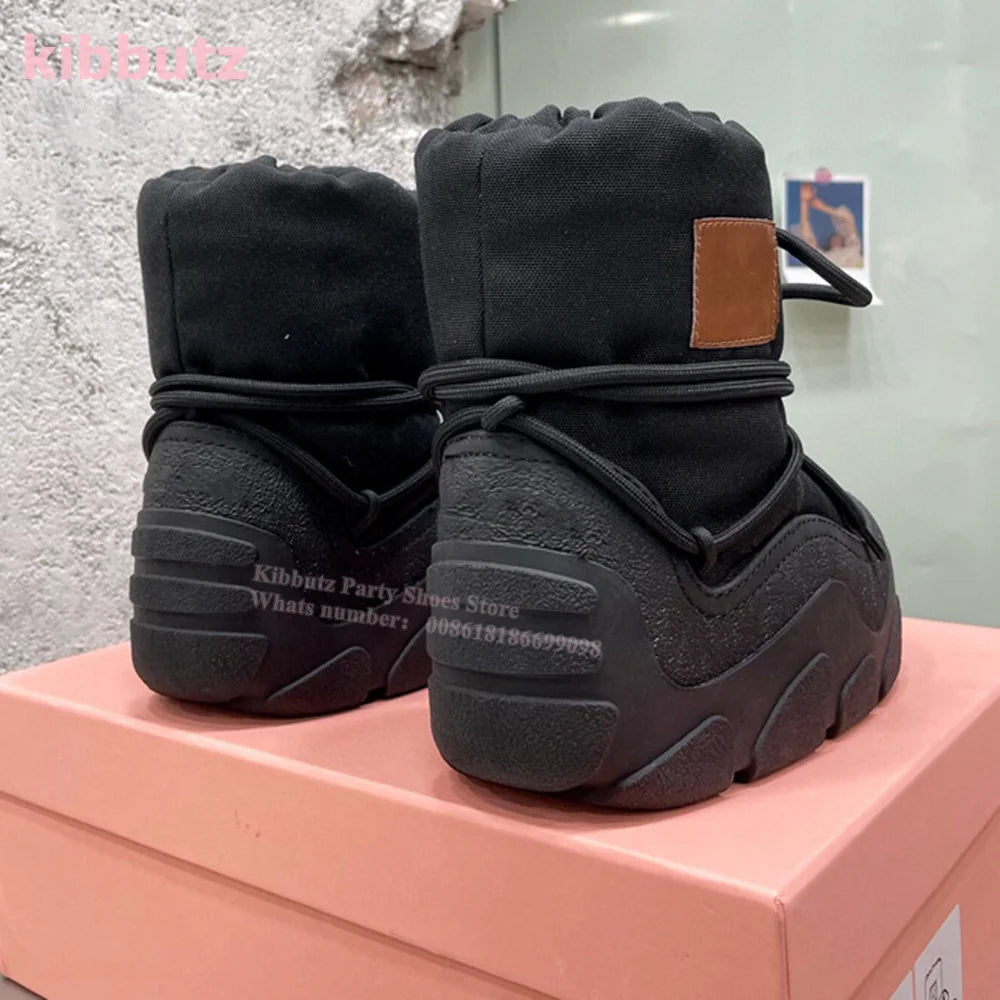 Thick Bottom Snow Ankle Boots Round Toe Height Increasing Lace-Up Fur Mixed Color Winter Warm Fashion Cute Style Women Shoes New black