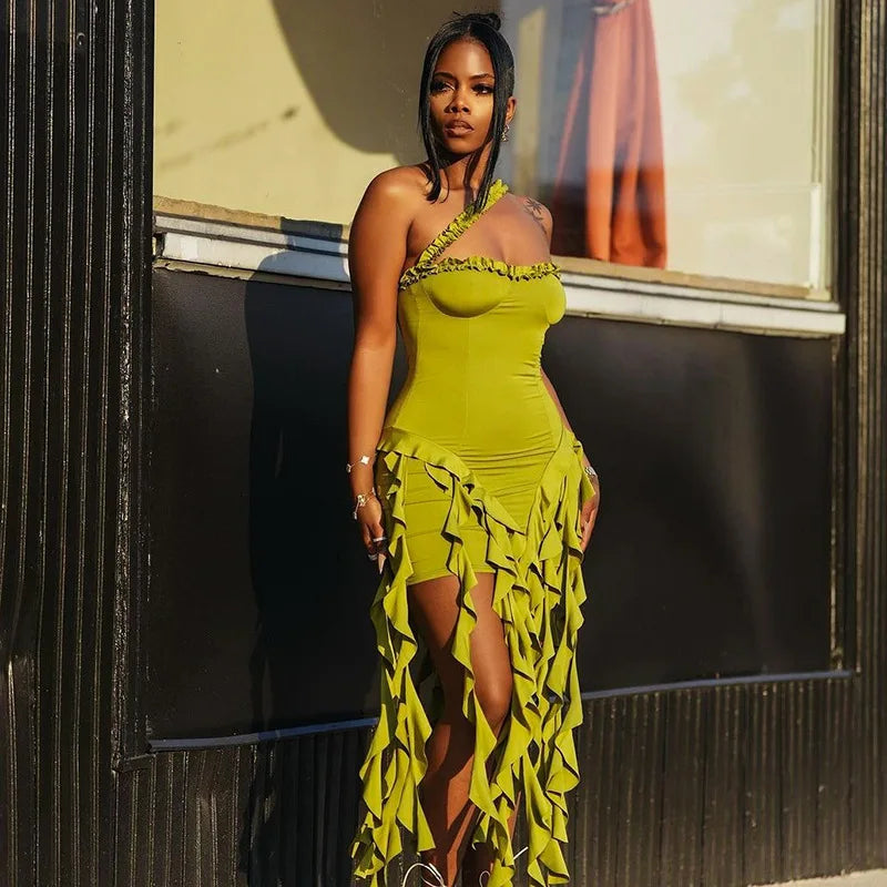 CM.YAYA Women Sleeveless Strapless Halter Long Dress Summer Streetwear Beach Tassel Evening Sexy Night Party Dresses Vestidos Light Green