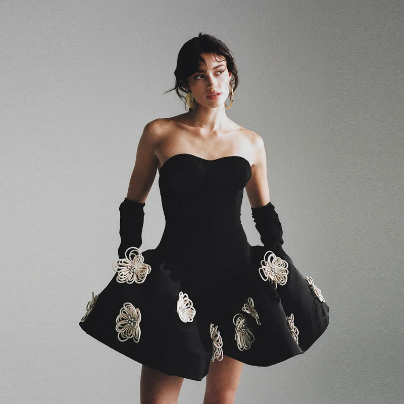 Black Color Women Sexy Strapless Florals Ball Gown Mini Bandage Dress Fashion Birthday Party Celebrate Evening Dress Vestido
