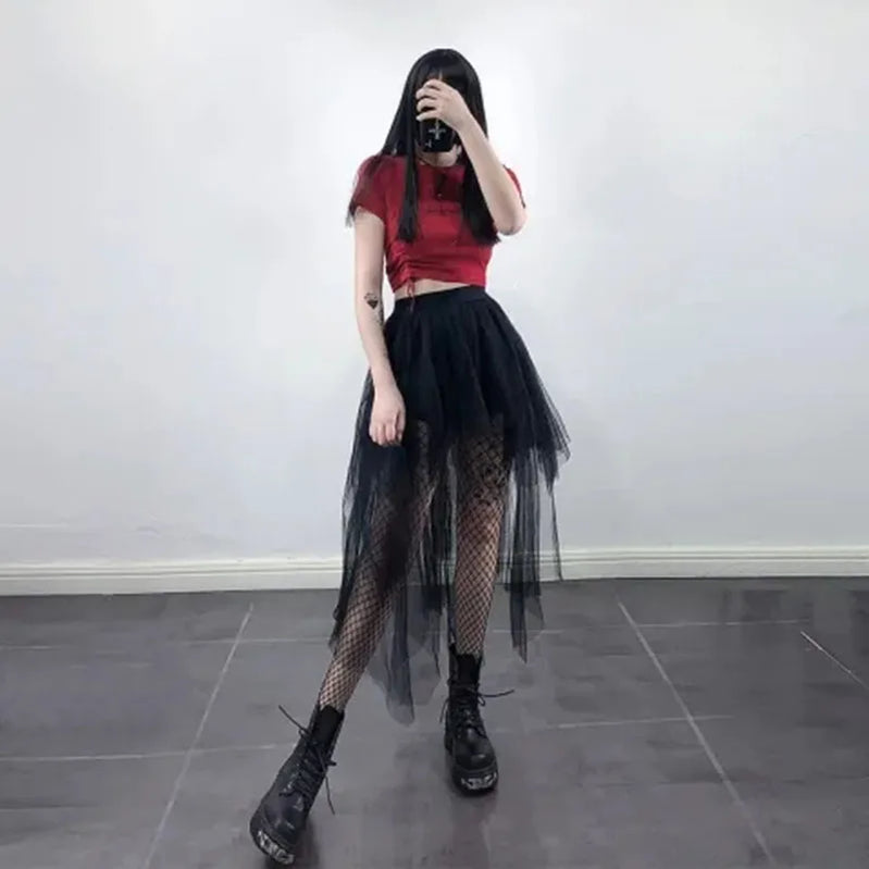 Gothic Black Mesh Skirt Women Summer Fashion High Waist Streetwear Irregular Midi Skirts Chic Dark Series Punk Stitching Skirts