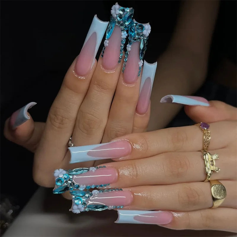 24Pcs Long French Square Head Press on False Nails 3D Blue Flower Rhinestone Design Full Cover Fake Nails Tips Wearable Manicure