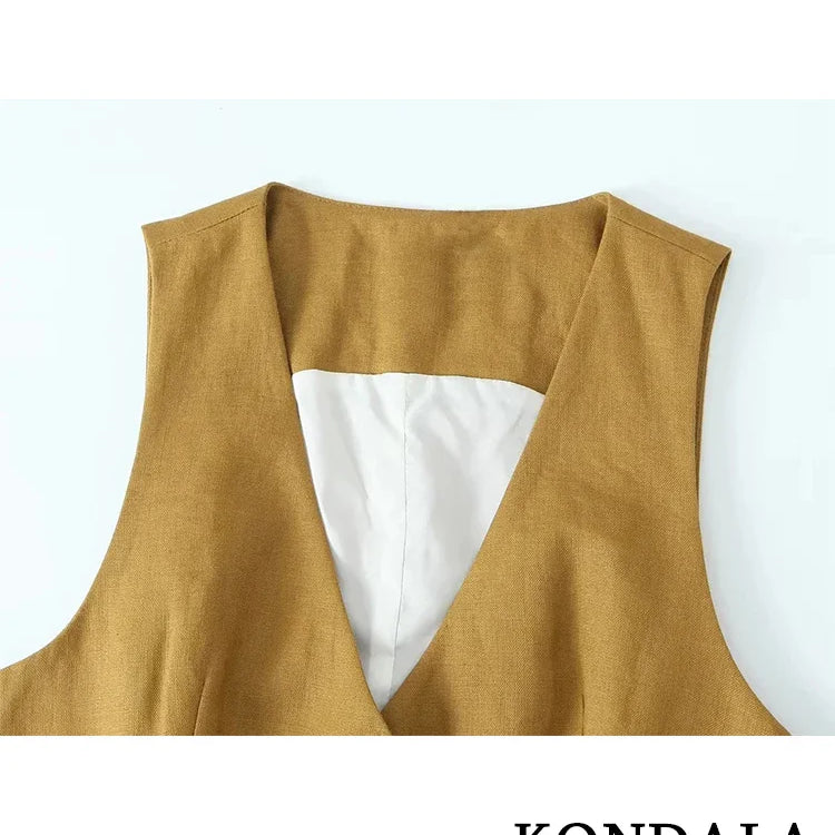 KONDALA Office Lady Linen Brown Suits Women V Neck Single Buttons Vest Blazer+High Waist Wide Leg Pants Fashion Summer Sets