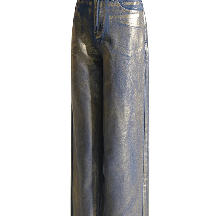 Metallic Wide Leg Jeans High Waist Pants For Women Autumn Vintage Y2K Streetwear Casual Loose Straight Denim Trousers