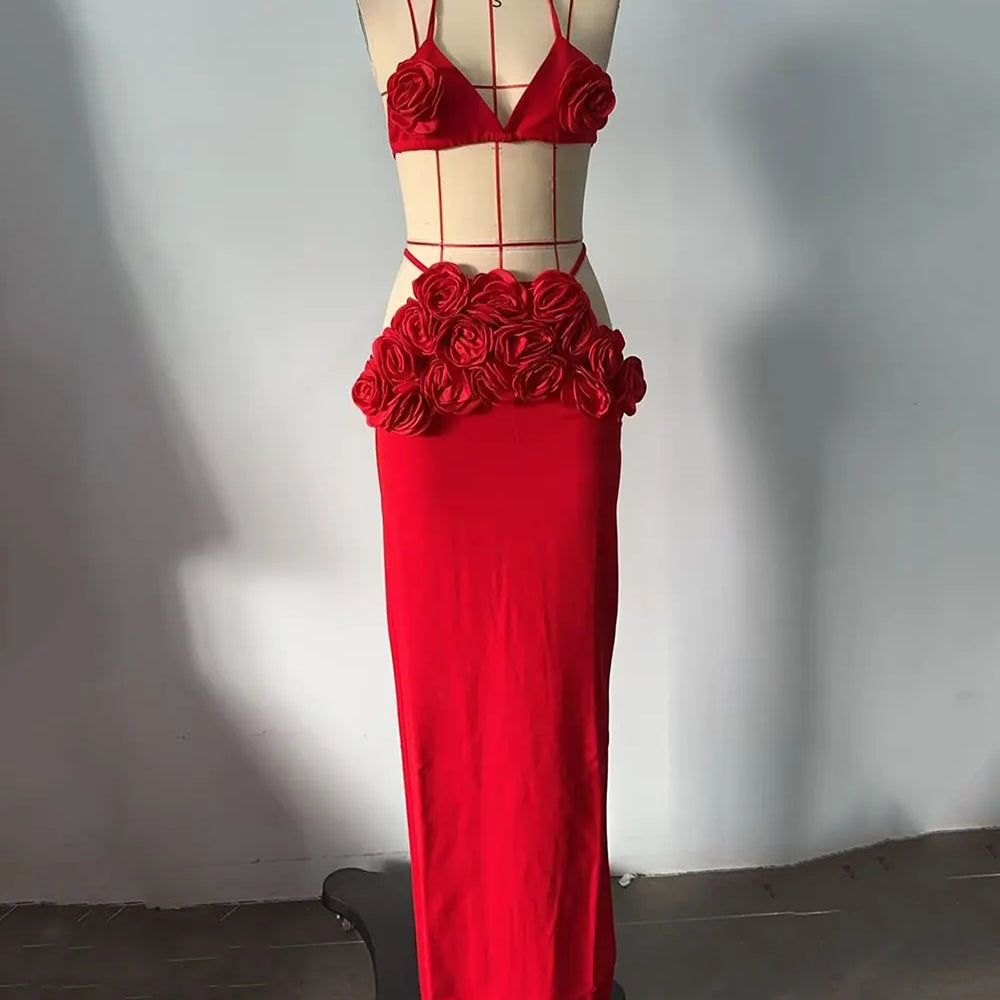 Sexy Women'S Three-Dimensional Flower Bandage Long Dress Set Spaghetti Strap Sleeveless Ultra Short Vest + Skirt Two-Piece Set