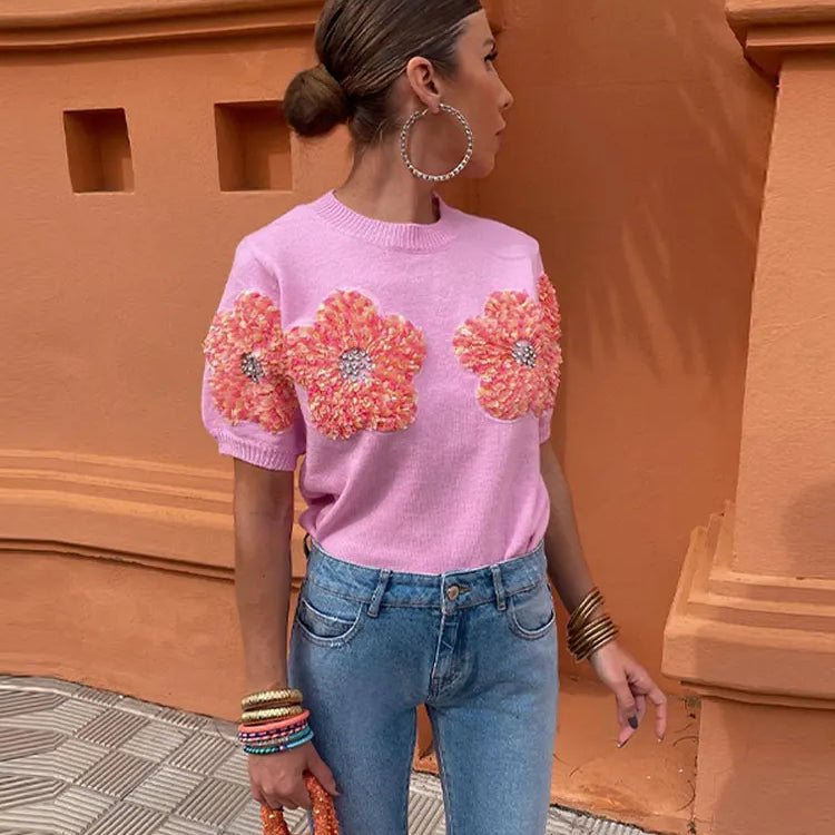 Fashion Women 3D Flower Knitted Sweater Elegant Lady O Neck Short Sleeved Pullover Tops Chic Female Commute Street Outfits
