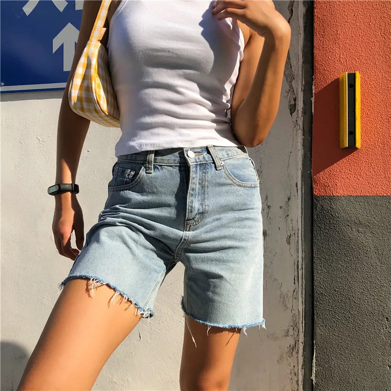 Women High Waist Wide Leg Denim Shorts Tassel Summer Fashion Streetwear Casual Solid Color Female Loose Stright Jeans