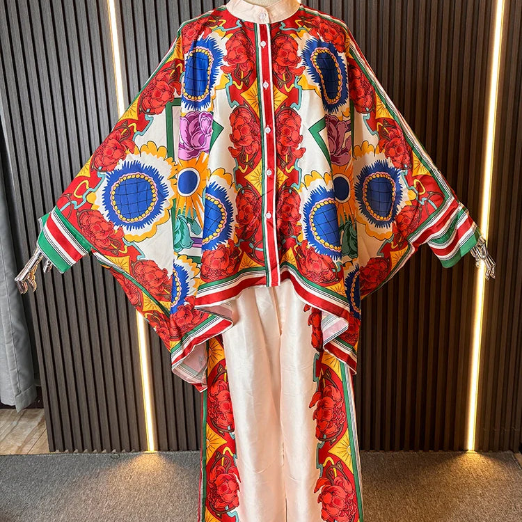 ZARATRAFnew summer women's silk texture printed trousers suit shirt bat shirt + positioning printed high waist trousers