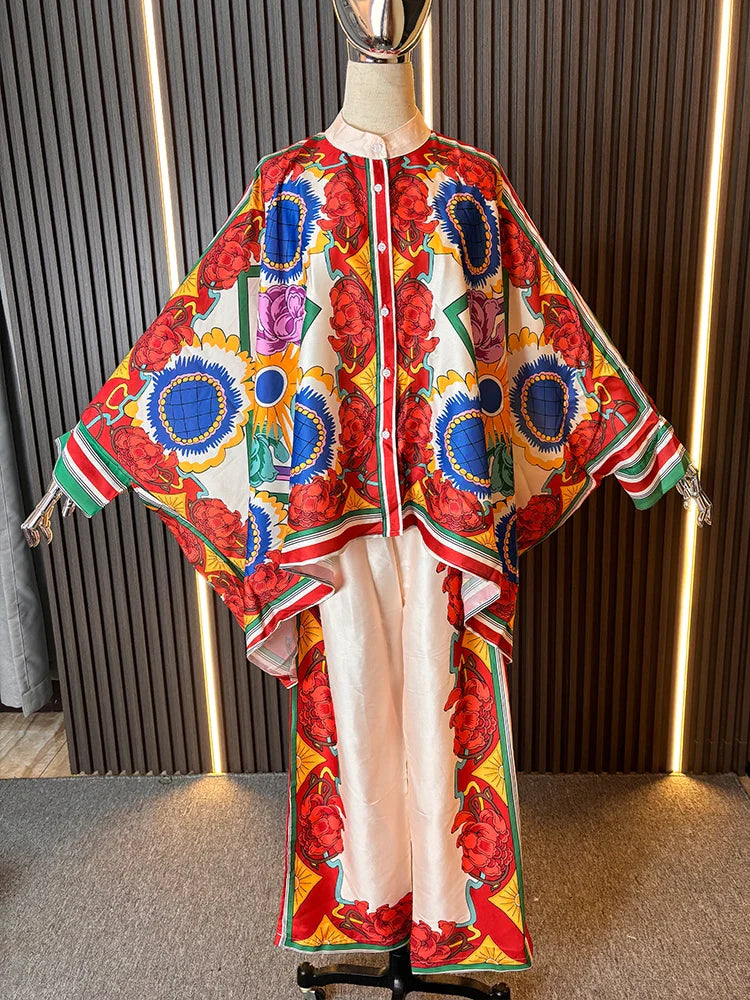 ZARATRAFnew summer women's silk texture printed trousers suit shirt bat shirt + positioning printed high waist trousers