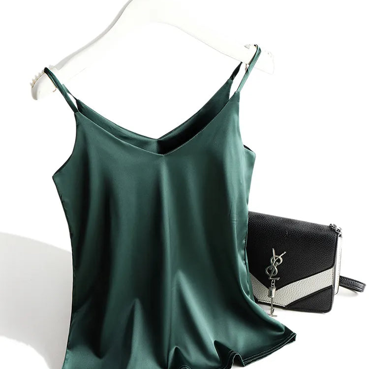 Spaghetti Strap Top Women Halter V Neck Basic White Cami Sleeveless Satin Silk Tank Tops Women'S Summer Camisole green