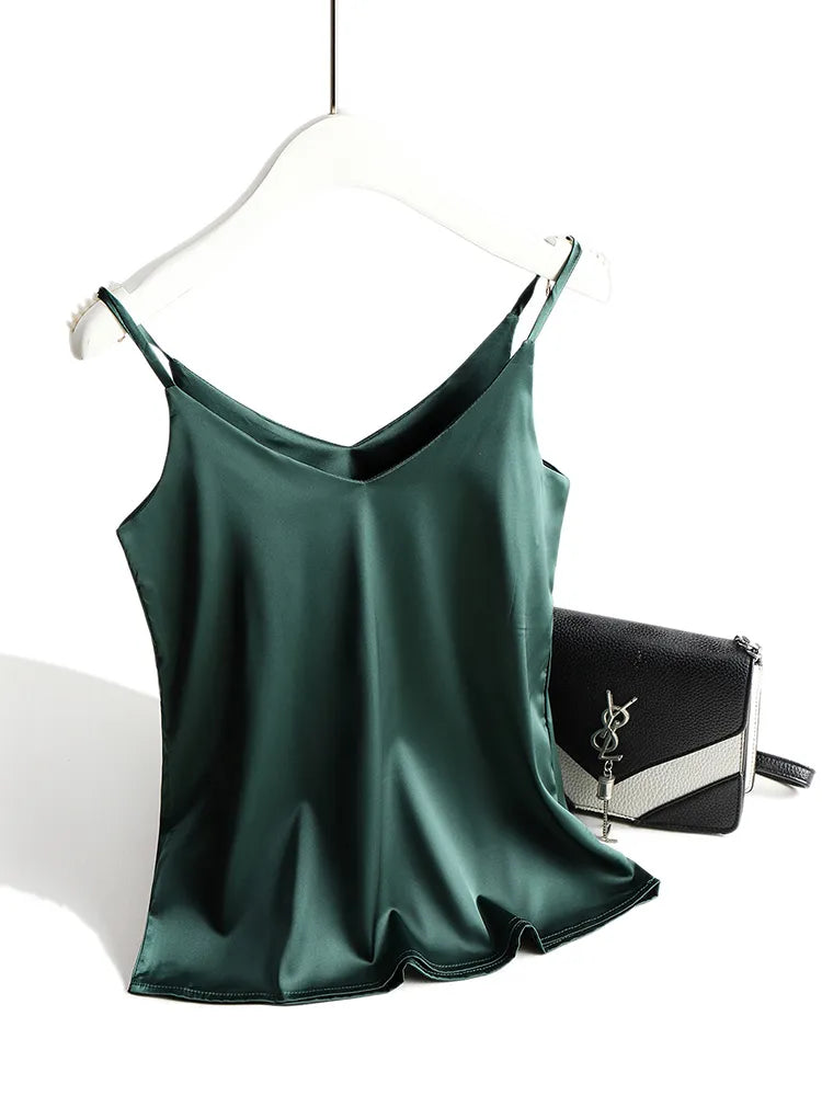 Spaghetti Strap Top Women Halter V Neck Basic White Cami Sleeveless Satin Silk Tank Tops Women'S Summer Camisole green