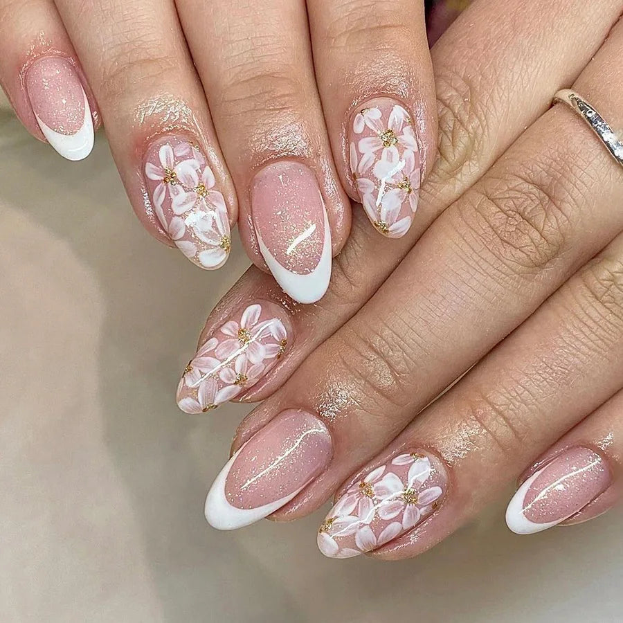 24Pcs Press on False Nails Simple Garden Fresh Flowers Design Sweet Fake Nails Tips Art Wearable Almond Stiletto Oval Manicure