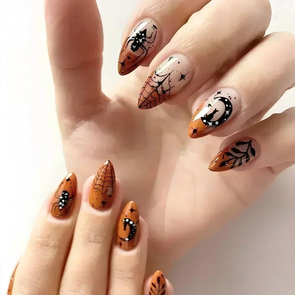24 peças de unhas postiças de Halloween com desenhos de cabeça de amêndoa, unhas postiças de palhaço fofas, manicure francesa de cobertura total, pontas de pressão para meninas