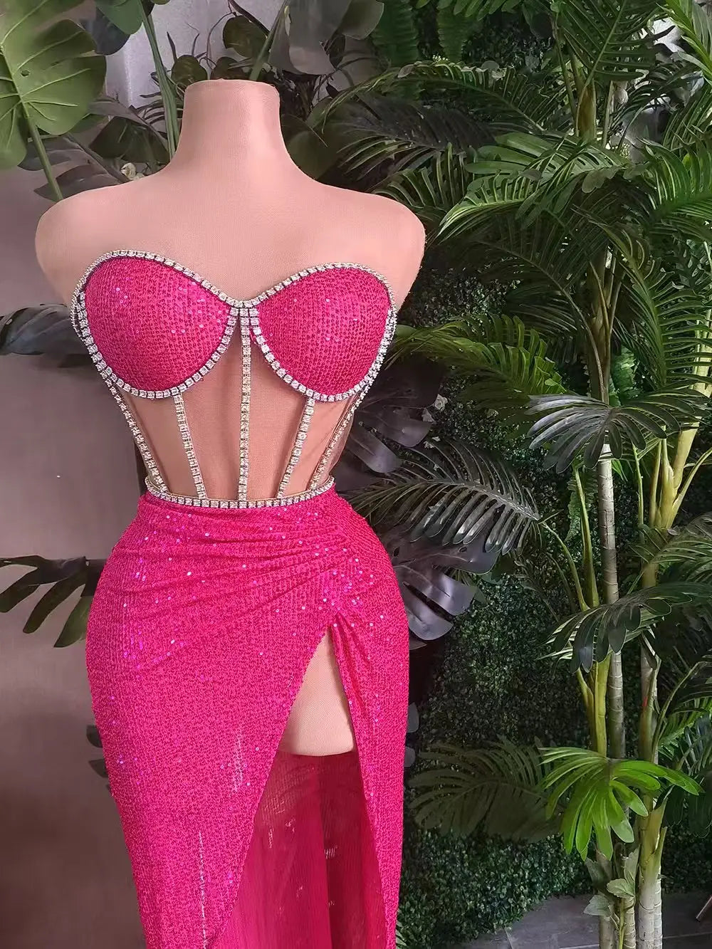 Stunning Sparkly Rhinestone Sequins Streamer Theme Party Hollow Out Tops Skirt 2Pieces Set Suit Festival Event Bodycon Tangguo