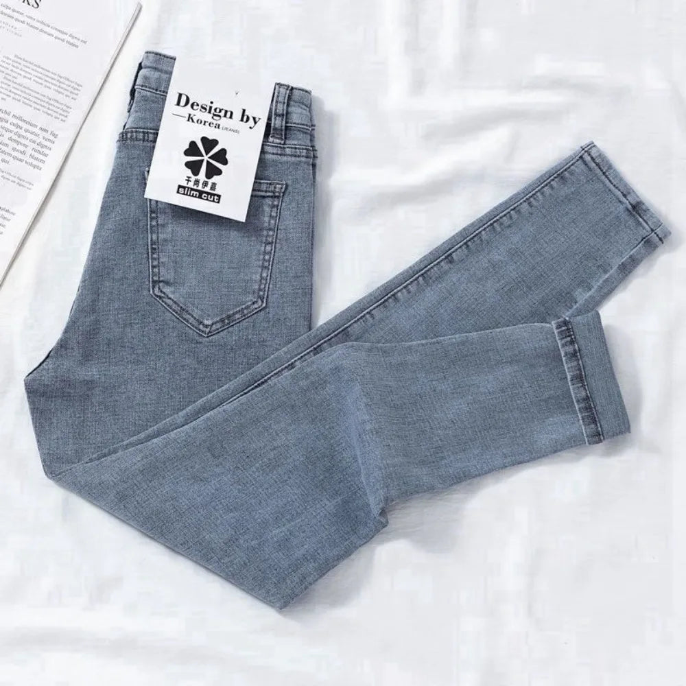 New Spring Autumn Season Blue Pencil Jeans Womens Mid Waist Skinny Vaqueros Fashion Plush Denim Capris Slim Jean Trousers
