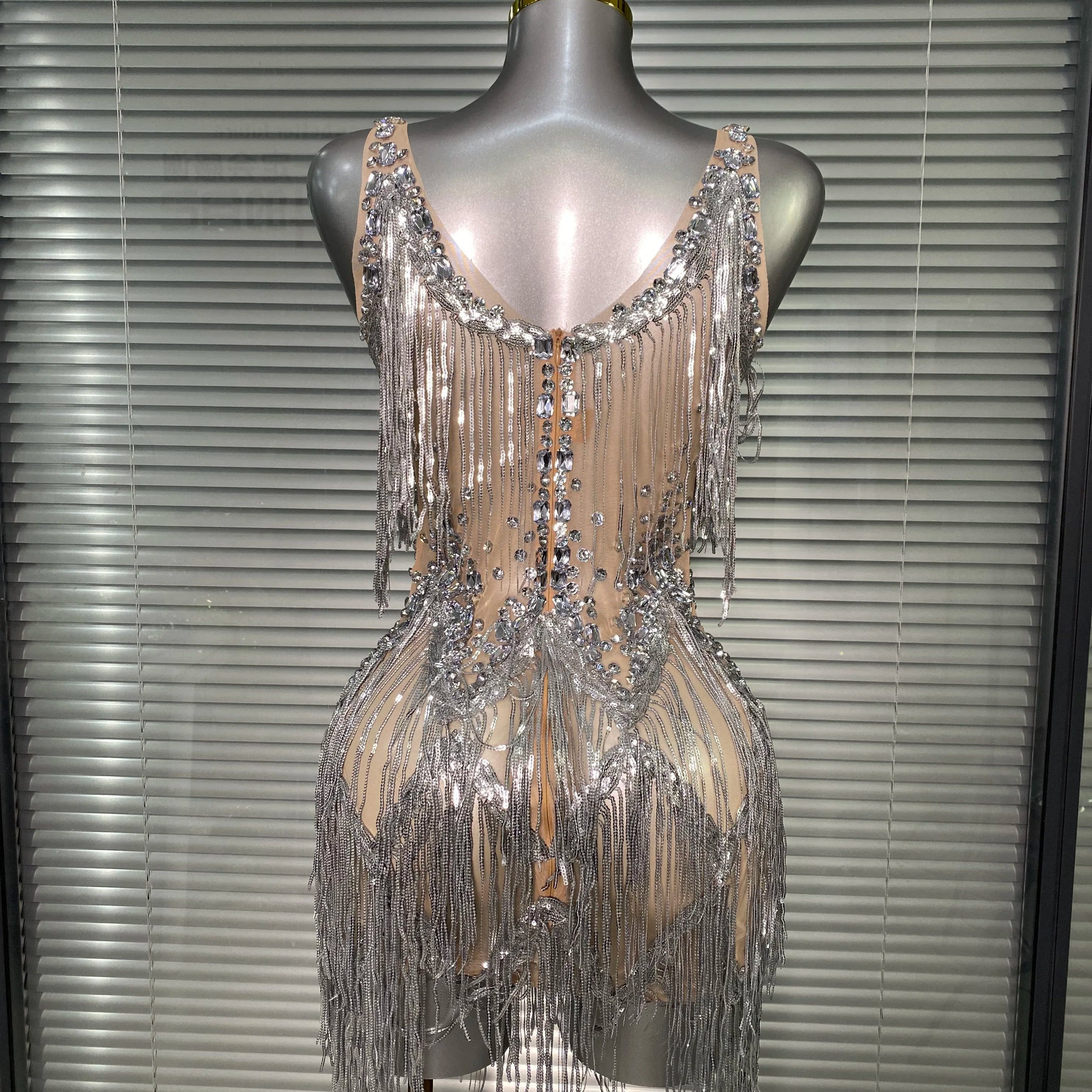 Celebrity New Women Sexy Mesh Sleeveless Stage Performance Costume Crystal Tassel Dancer Singer Night Club Mini Party Dress