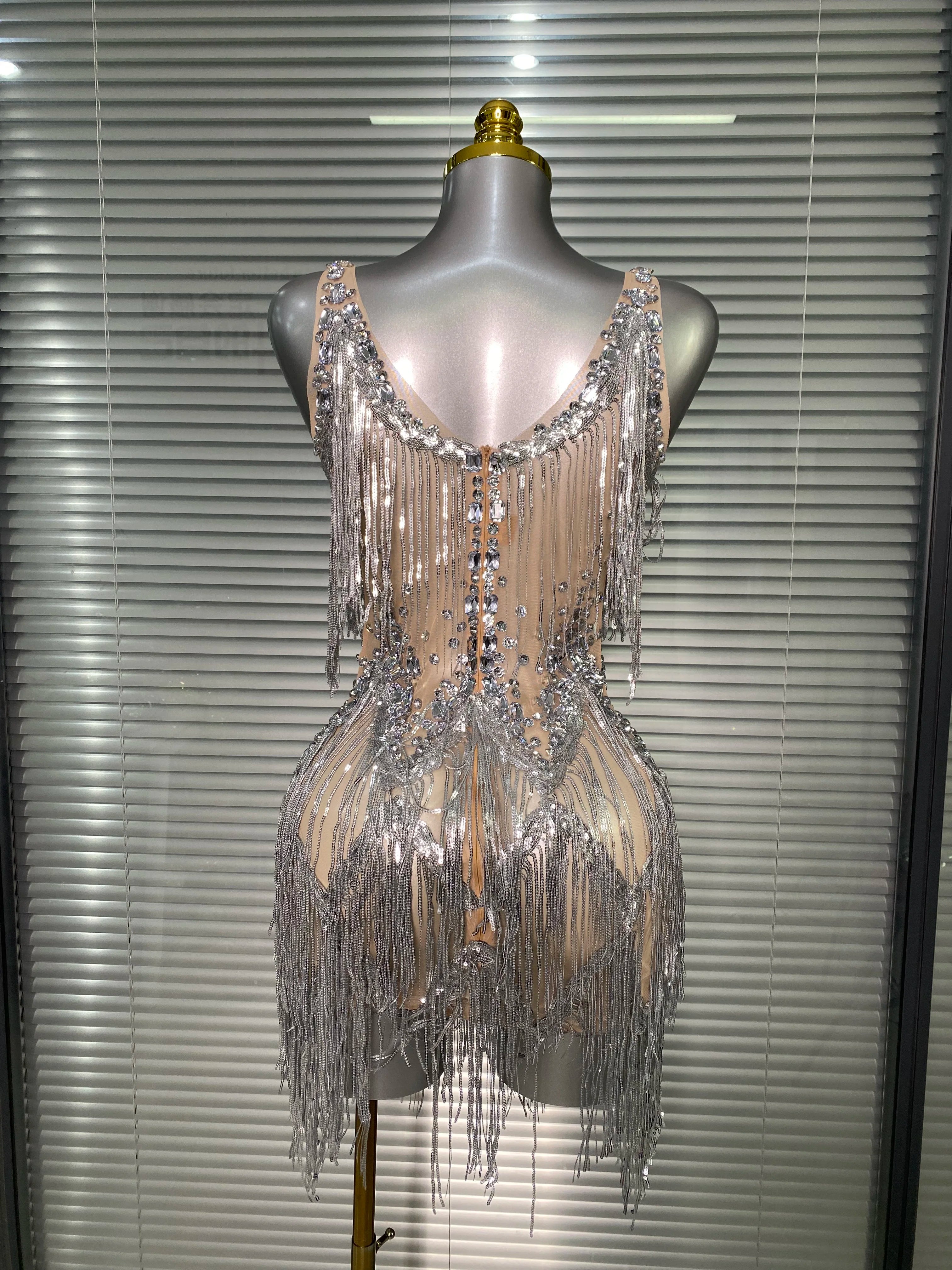 Celebrity New Women Sexy Mesh Sleeveless Stage Performance Costume Crystal Tassel Dancer Singer Night Club Mini Party Dress