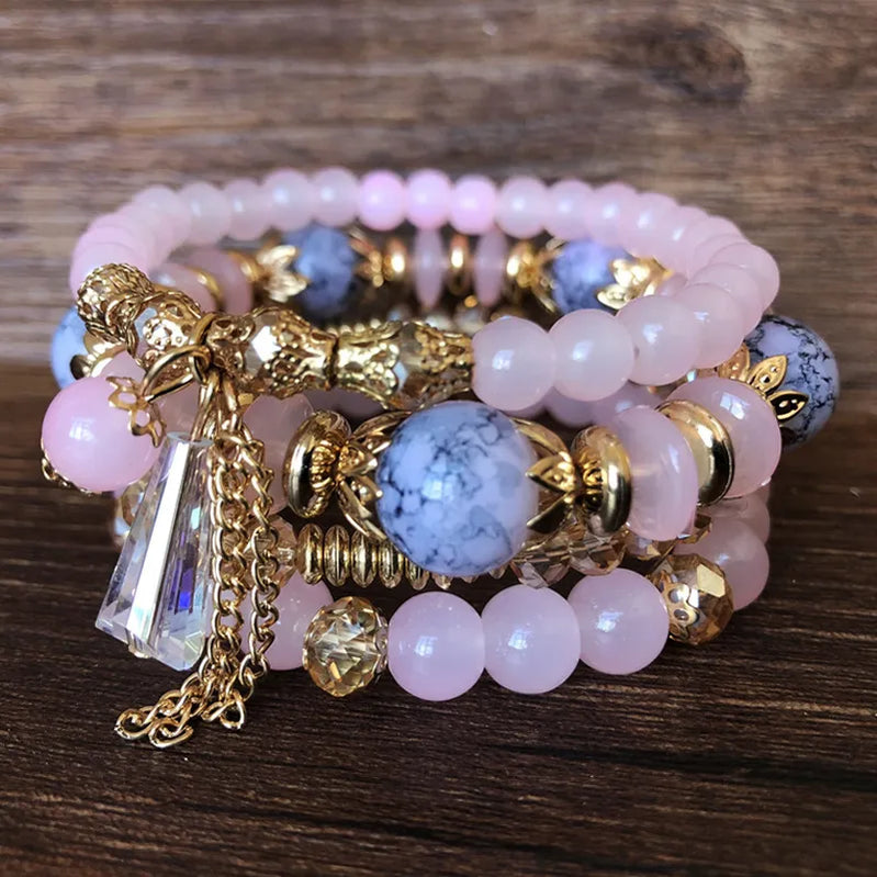 Bohemian Multicolor Crystal Beads Bracelets for Women Girls Boho Ethnic Tassel Elastic Rope Handmde Wrap Bracelet Pulseira Femi BR18Y0489-2