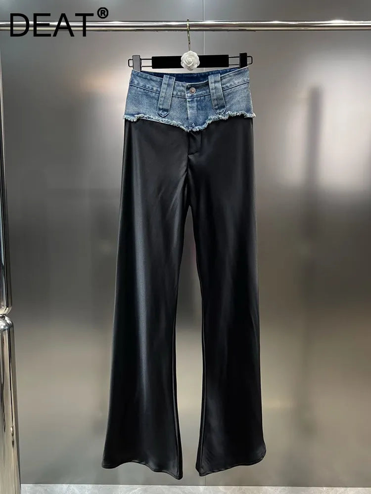 DEAT Denim Patchwork Straight Pants Women's High Waist Slim Personality Streetwear Versatile Trousers 2023 Summer New 11XX4063