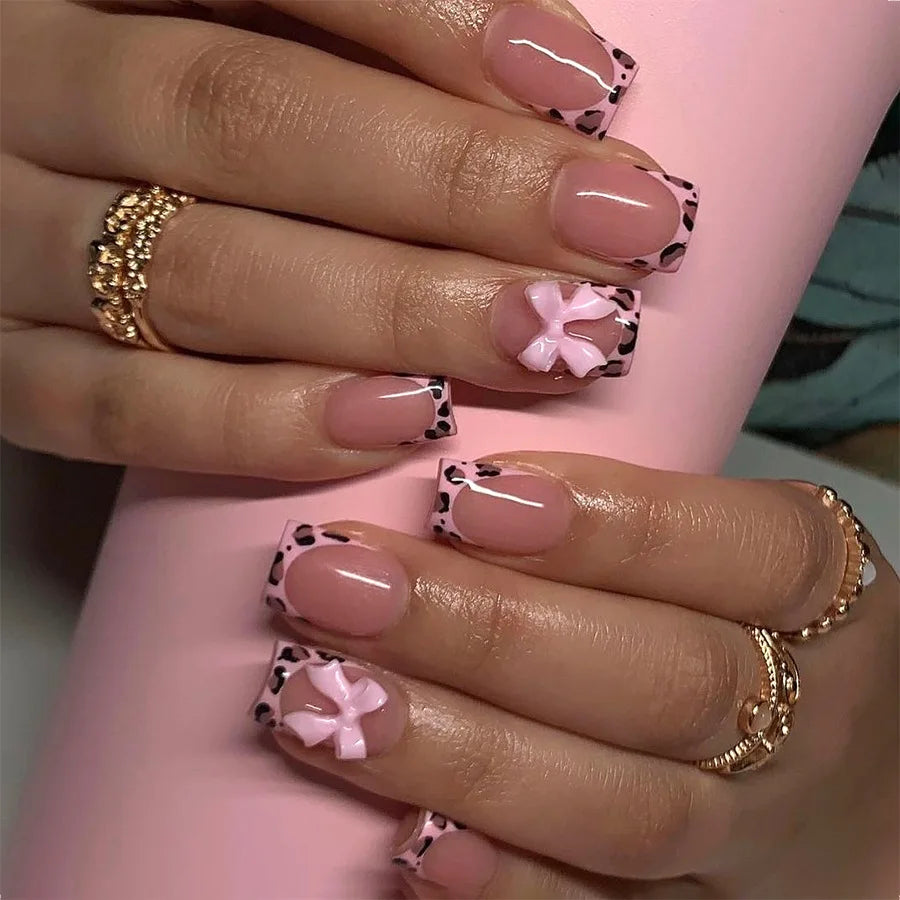 24pcs/set Short Medium fake nails for women girls 3D cute pink bow flowers leopard french square almond tips press on false nail