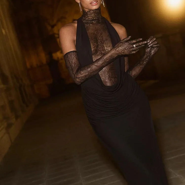 VC Glamorous Black Halter Dress with Lace Details Gloves for Fashion Events Party Evening Gown