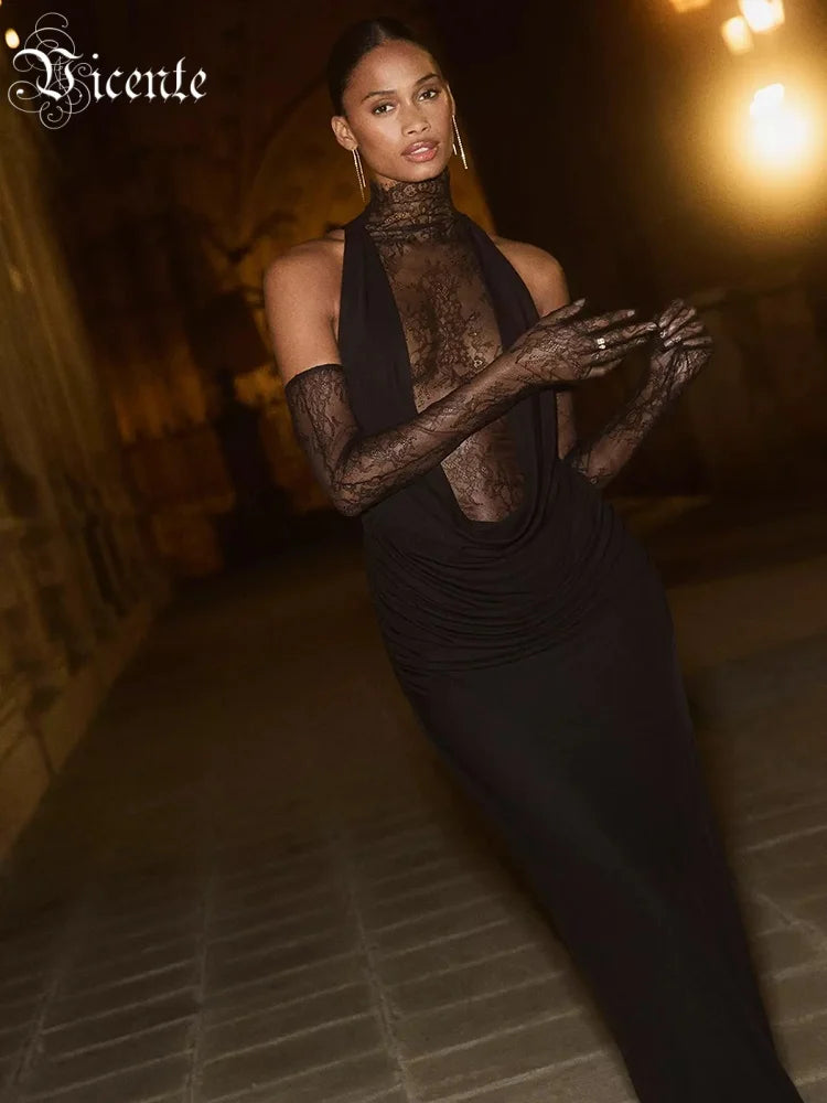 VC Glamorous Black Halter Dress with Lace Details Gloves for Fashion Events Party Evening Gown