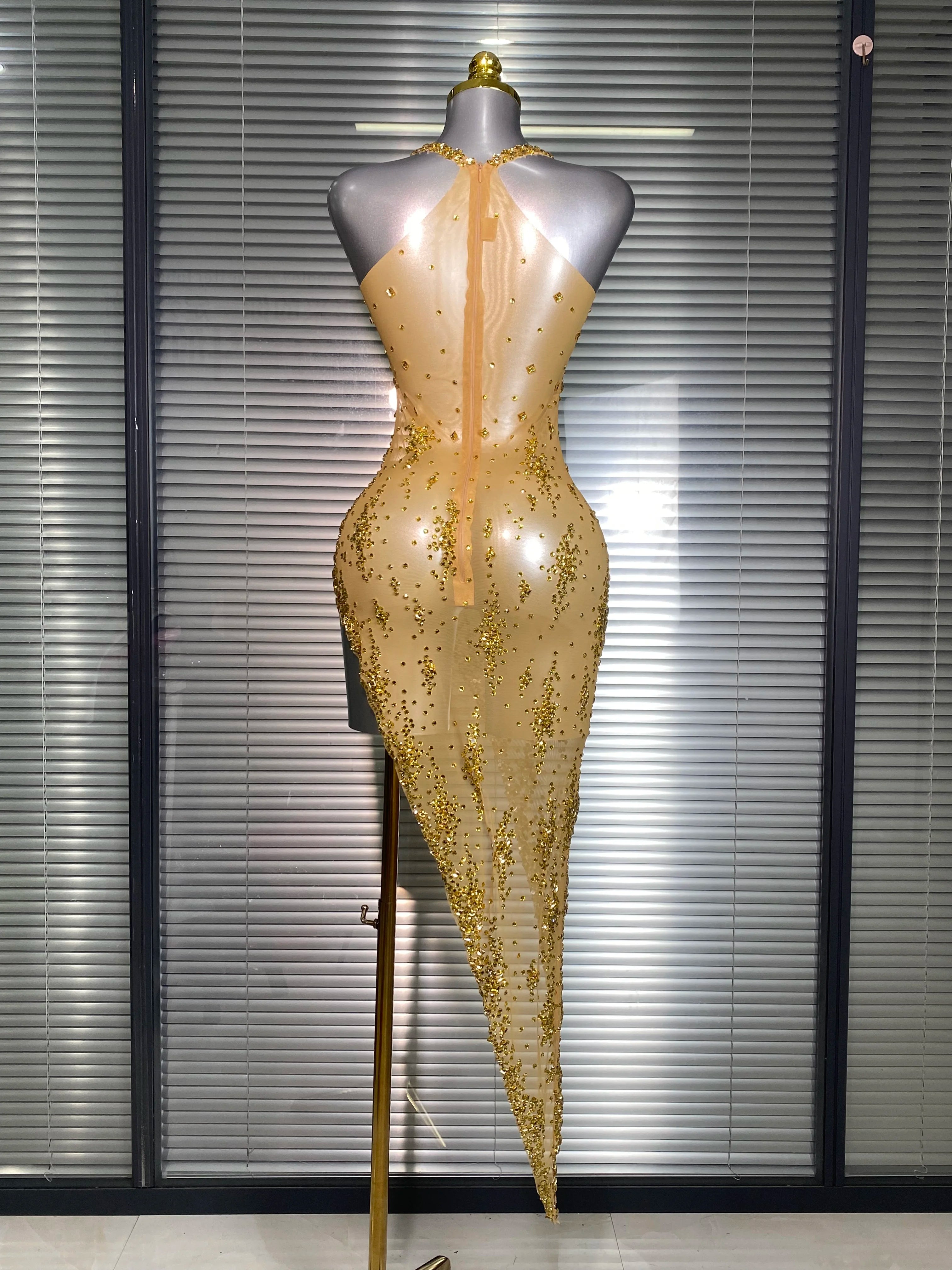 Women Sexy Mesh Crystal Diamonds Stretched Gold Shining Performance Costume Stage Dancer See Through Night Club Party Dress