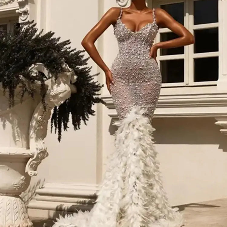 Women Celebrity Sexy V Neck Pearl Sequins Feather Maxi Long  Dress 2024 Elegant Party Evening Stage Performance Dress Vestido