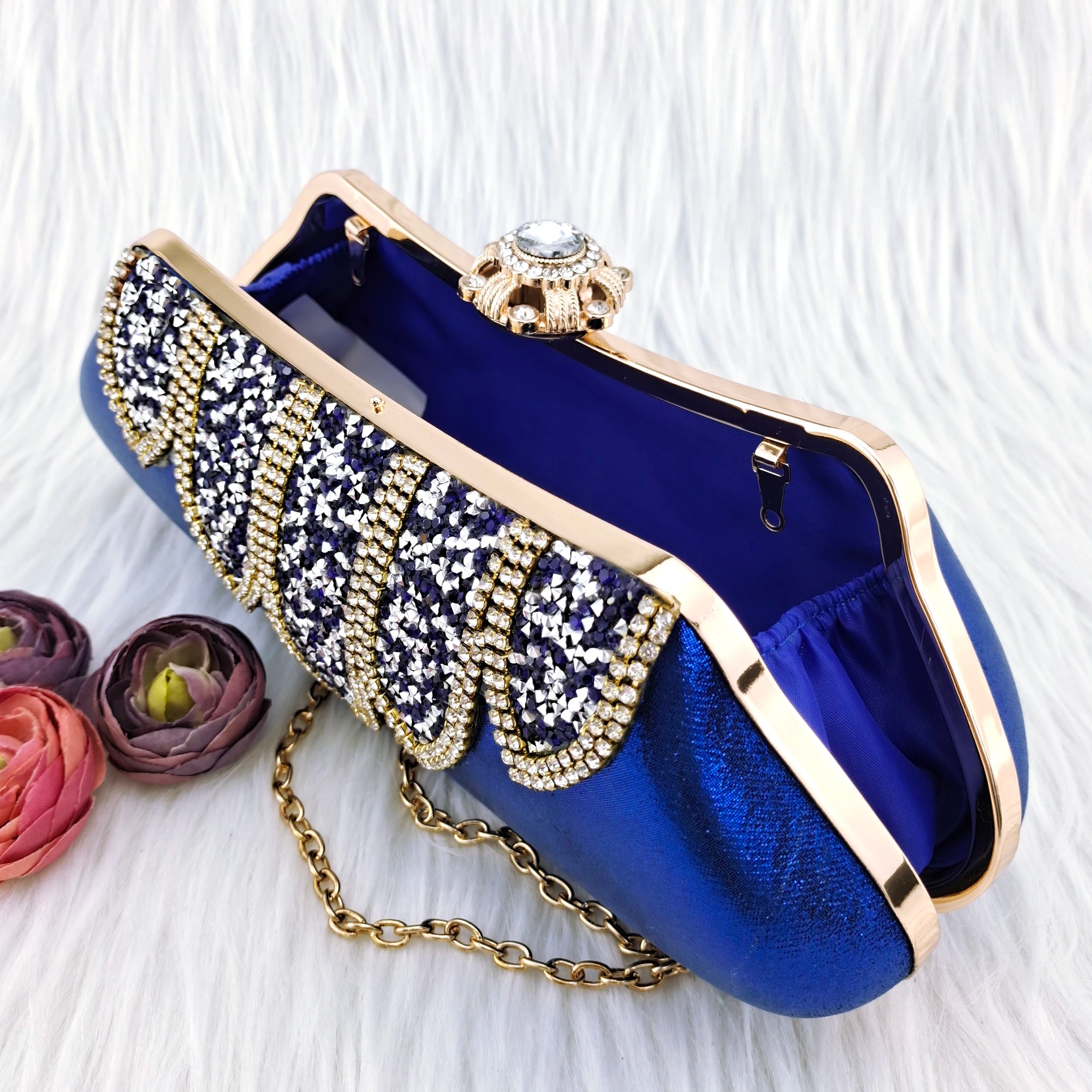 Fashion Handbags Party Bag Rhinestone Decoration Banquet Bag Moon Bag Royal Blue color