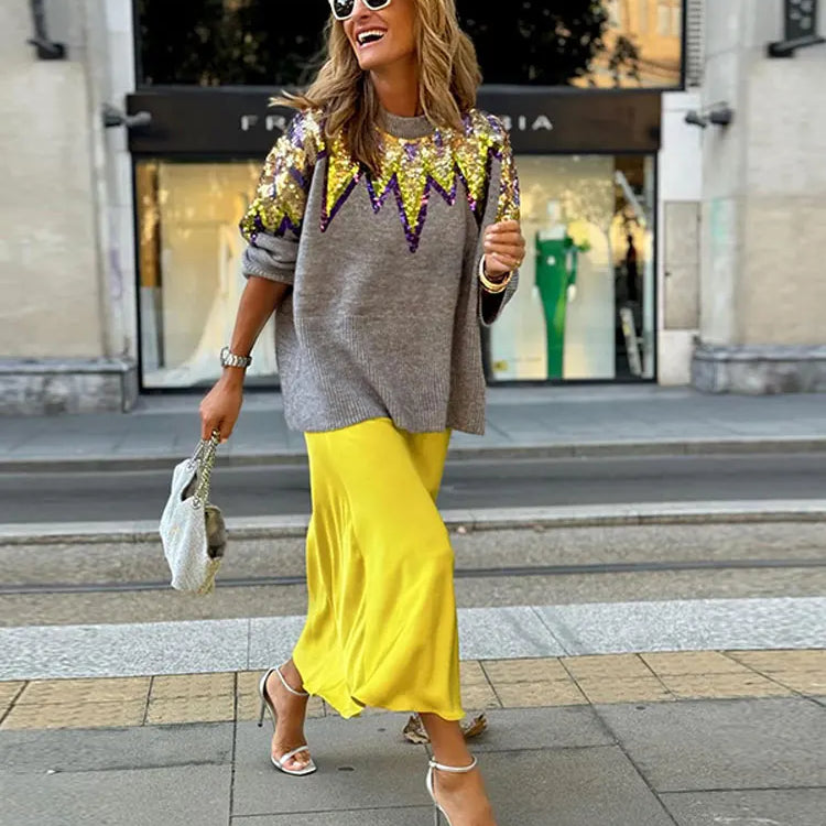 Women O-neck Long Sleeve Knitted Sweater Fashion Sequins Decor Loose Casual Pullovers Female Fall Winter Street Club Jumper