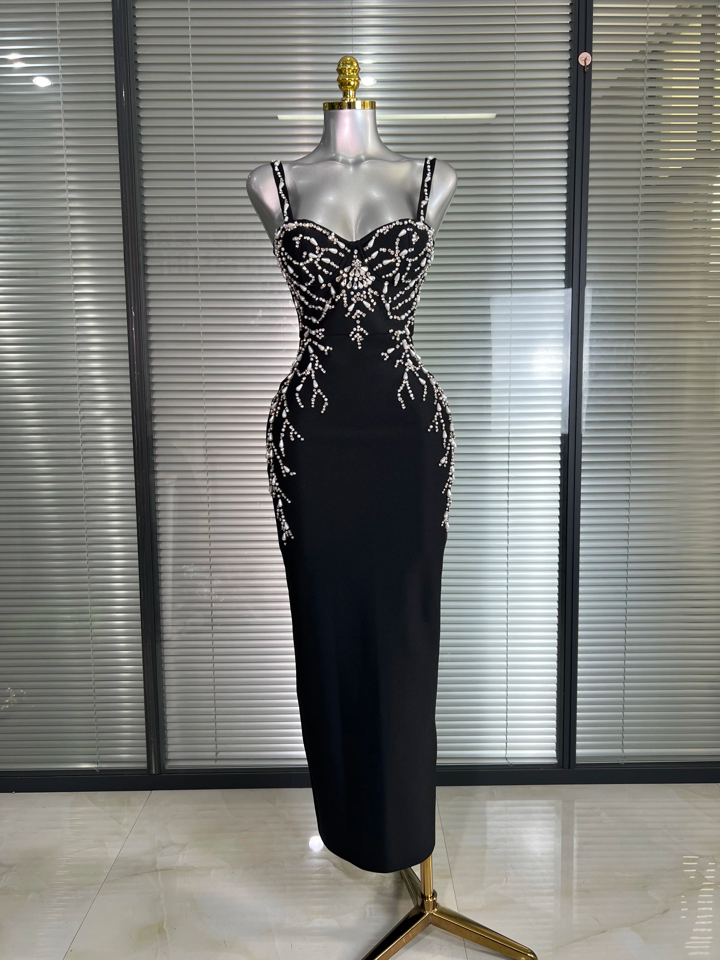 Summer New 2025 Women Black Long Bodycon Bandage Dress Crystal Evening Party Dress Vestido