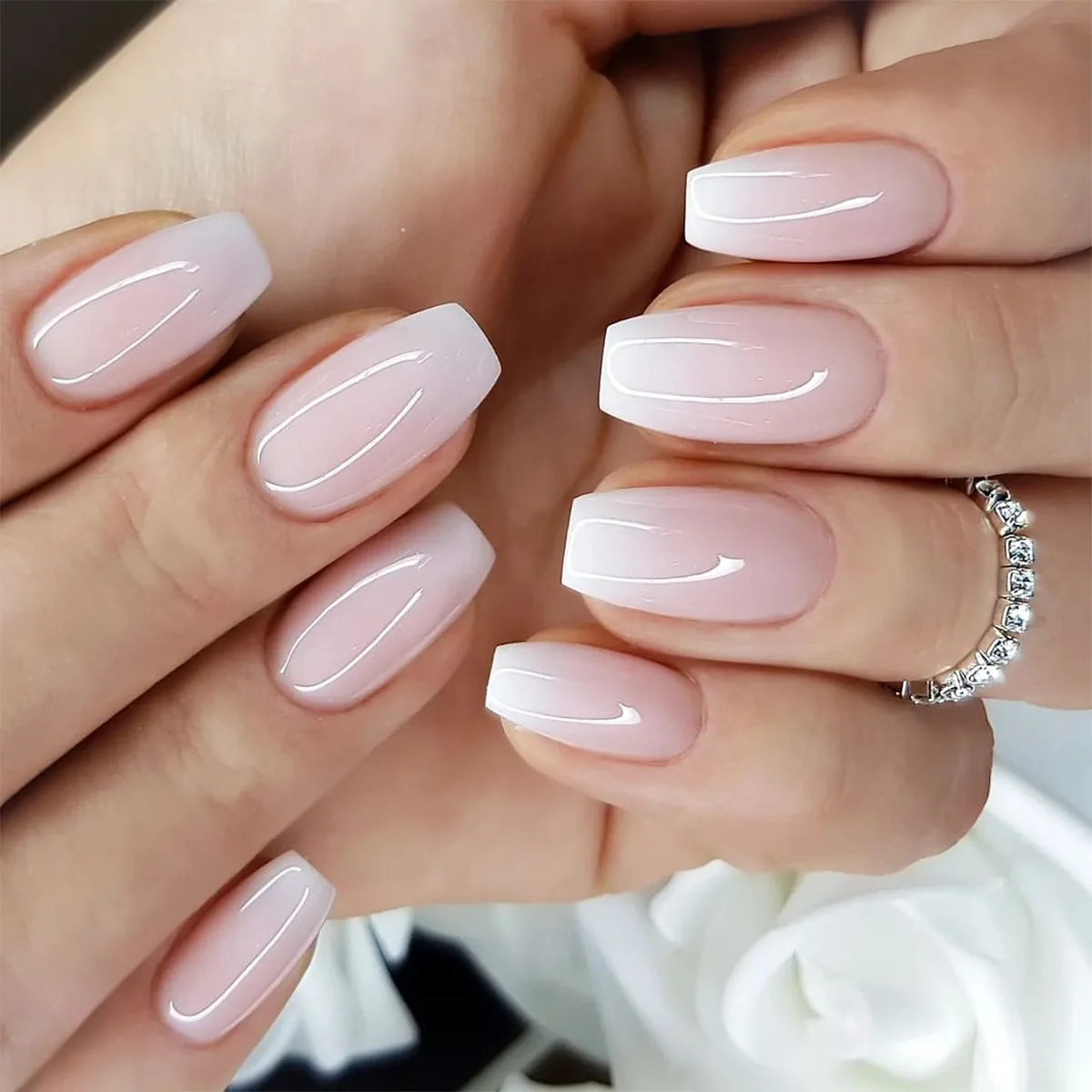 24pcs/set short fake nails gradient nude pink jelly glossy square ballet french tips Reusable faux ongles press on false nail