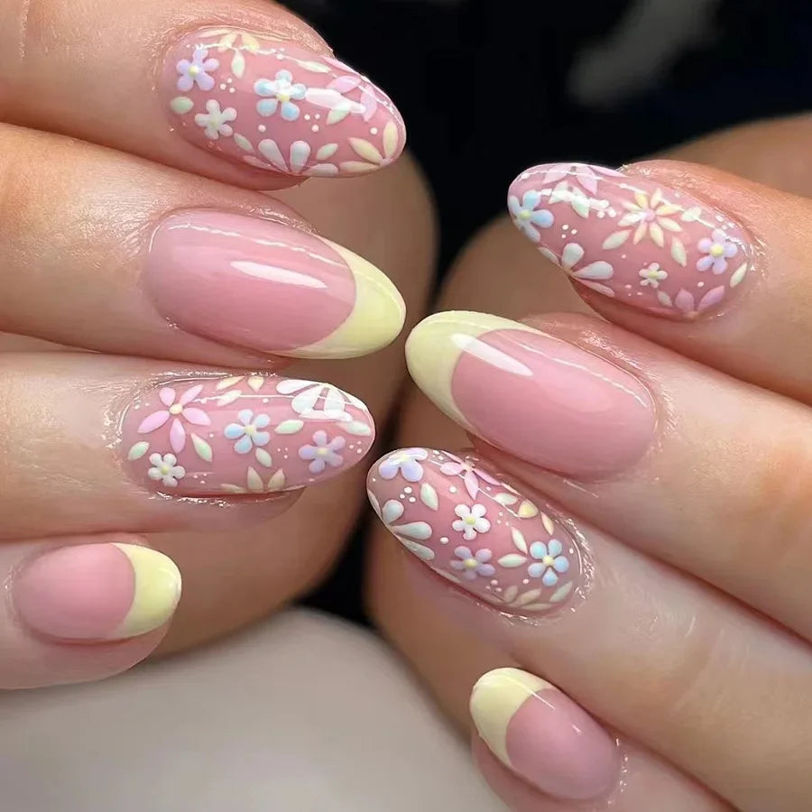 Faux ongles courts et carrés brillants, 24 pièces/boîte, pointe française colorée, motif floral, printemps-été, pour femmes