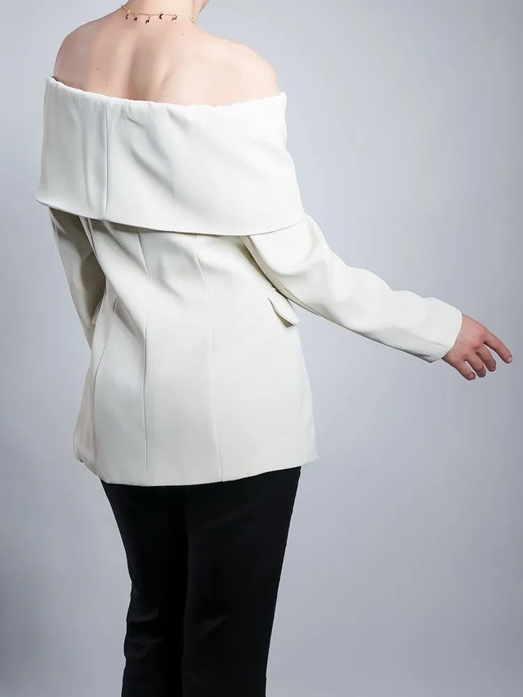 TWOTWINSTYLE Solid Temperament Blazers For Women Slash Neck Long Sleeve Patchwork Pocket Minimalist Slim Blazer Female Fashion