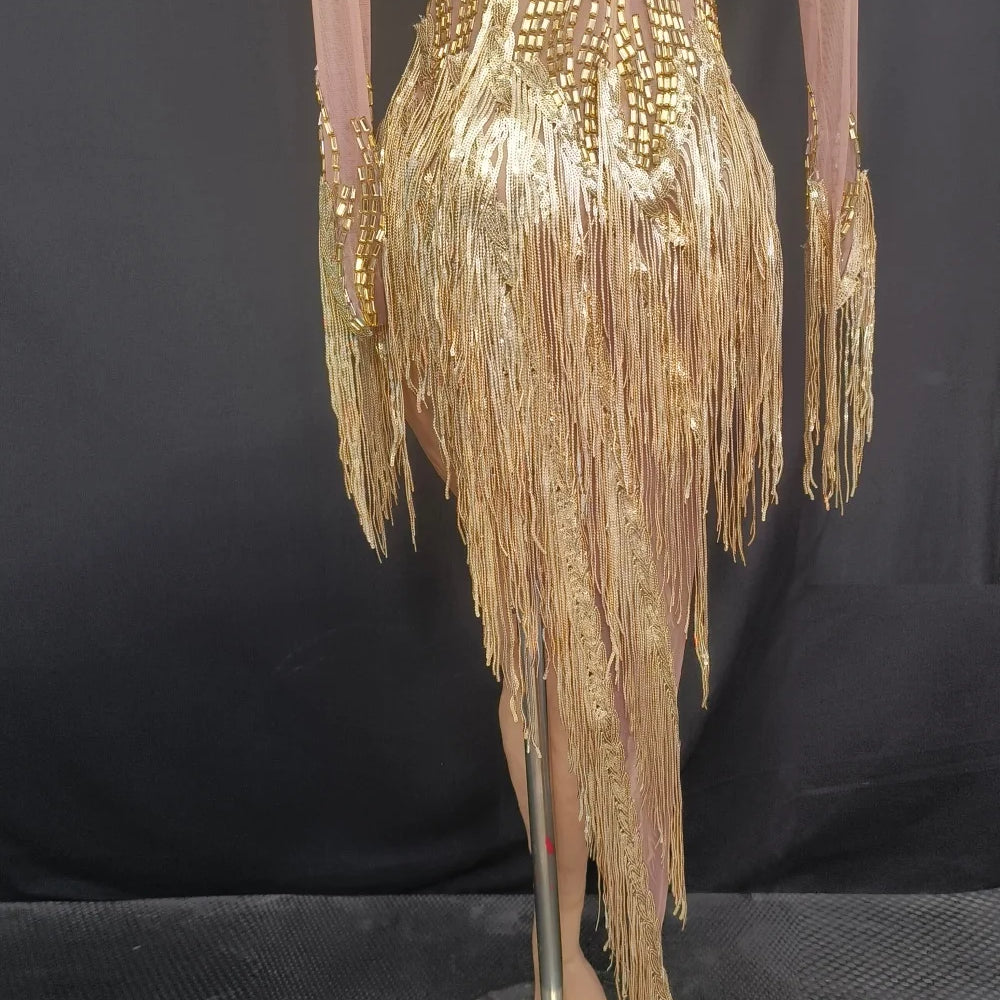 Women Sexy Mesh Gold Crystal Stretchy Night Club See Through Singer Dancer Tassel Stage Costume Mini Party Dress
