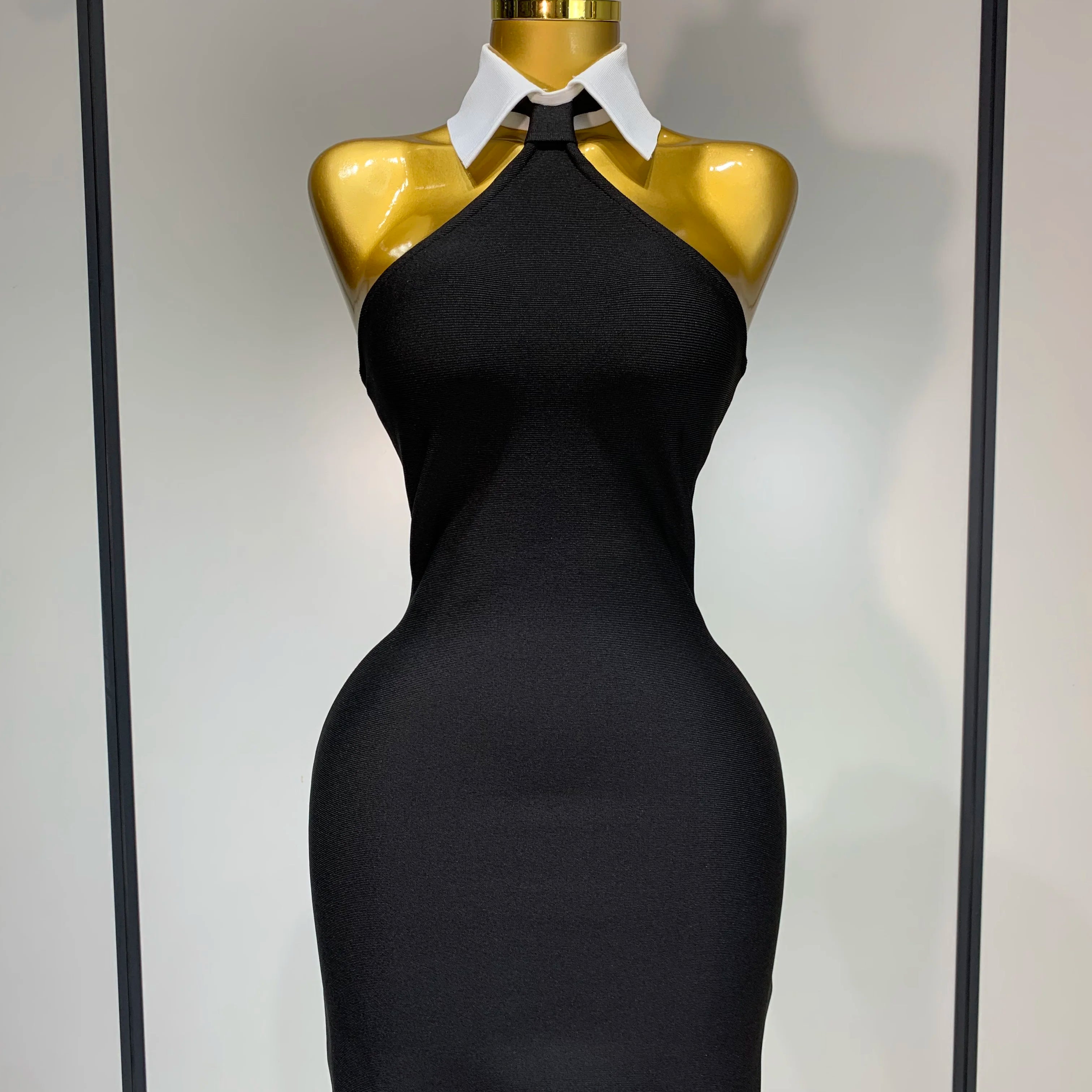 Women Sexy Backless White Shirt Collar Black Mini Bodycon Bandage Dress 2025 Elegant Evening Club Party Luxury Birthday Dresses