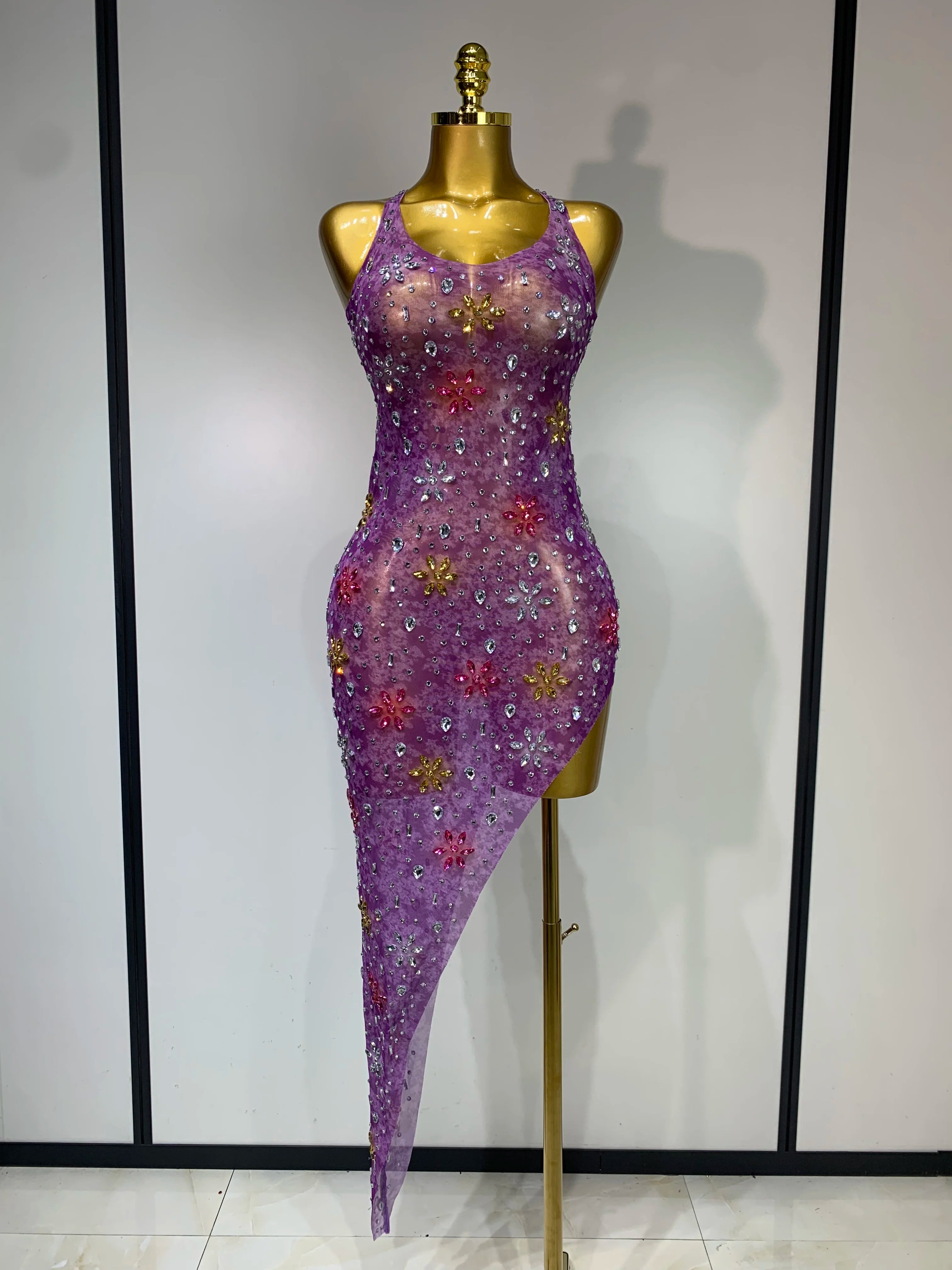 Women Sexy Mesh See Through Stretchy Sparkly Rhinestone Performance Costume Stage Dancer Nightclub Party Luxury Birthday Dress