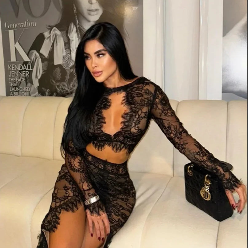 High Quality Women Long Sleeve Sexy Lace Fashion Keyhole Bodycon Long Maxi Dress Celebrate Nightclub Party Birthday Outfit
