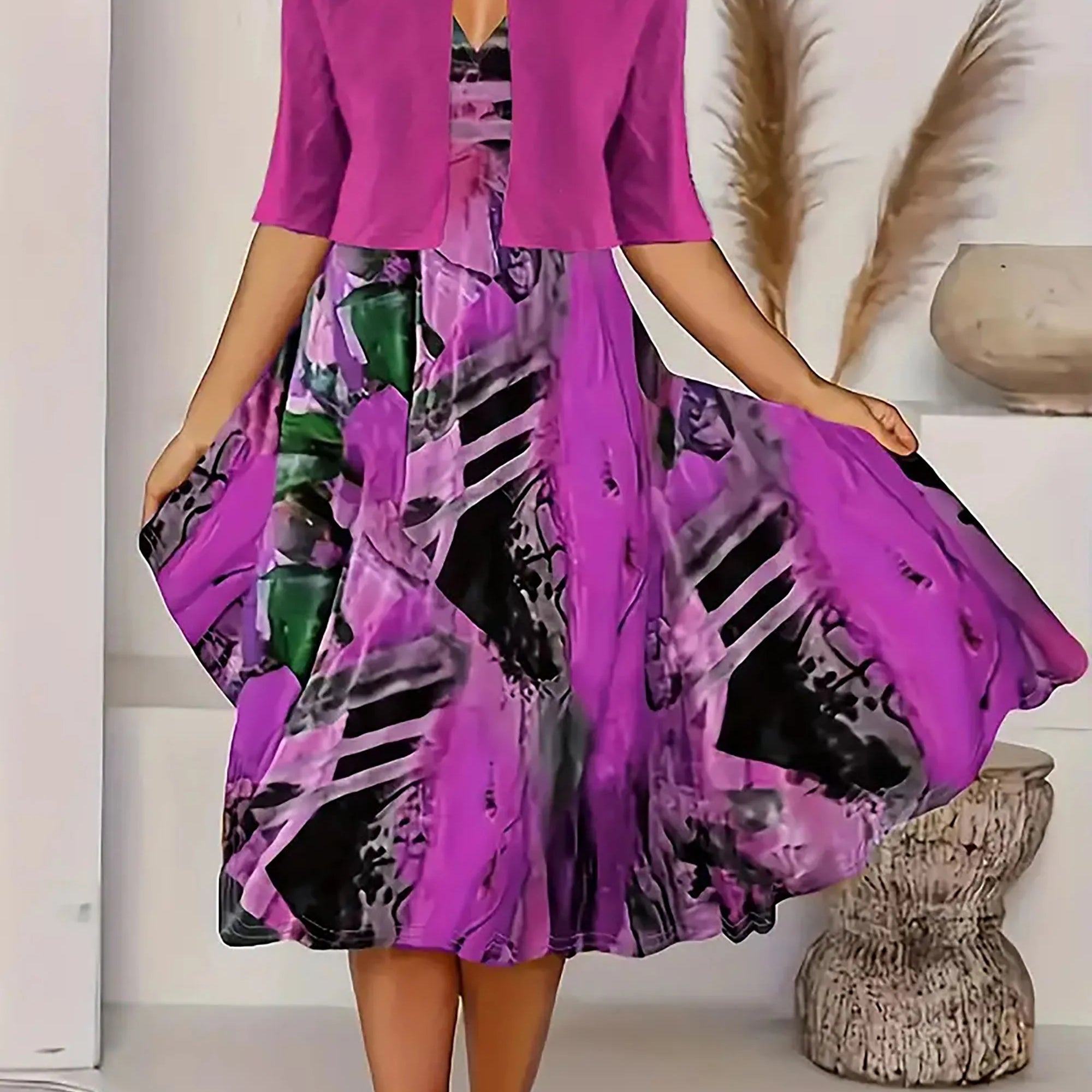 for summer 2024! Eu-us Fall Women's 2 long Dress Set - floral and grass print crew neck dress with chiffon short coat
