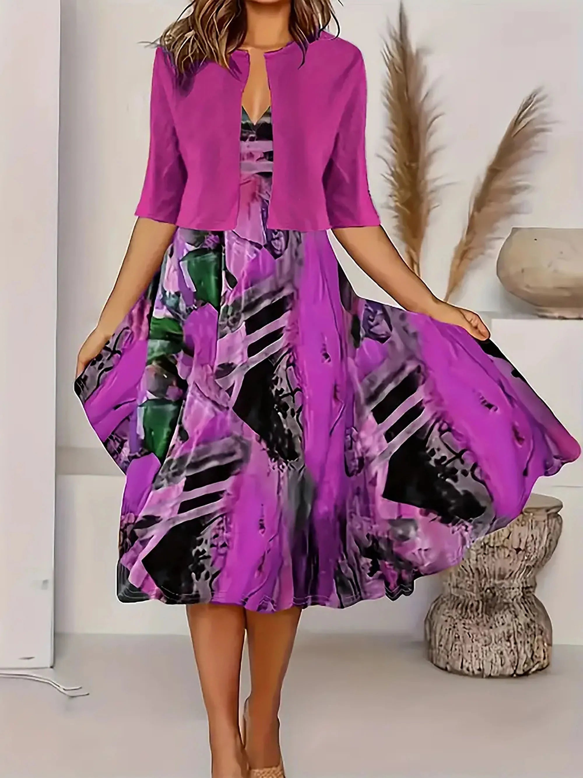 2025 autumn new women's long crewneck printed dress short needle two-piece cardigan short coat