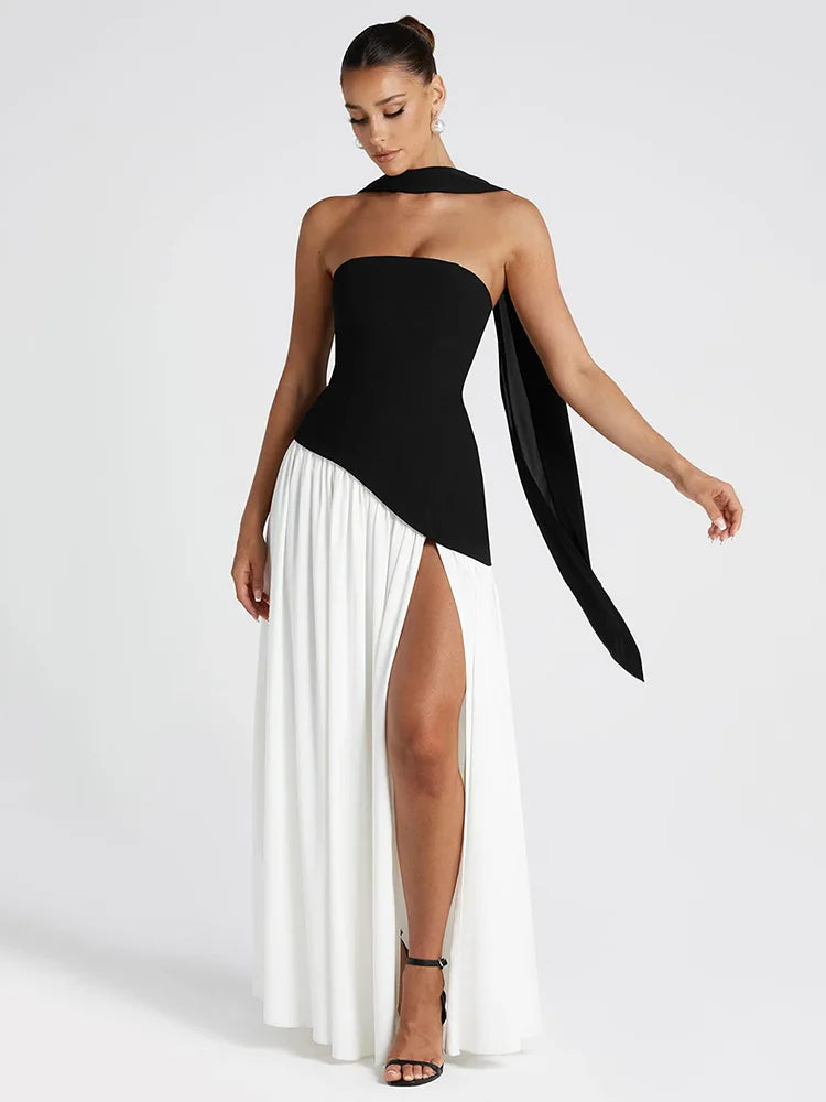 Strapless Off-shoulder Sexy Maxi Dress For Women Gown Patchwork Scarf Collar Thigh High Split Club Party Long Dress