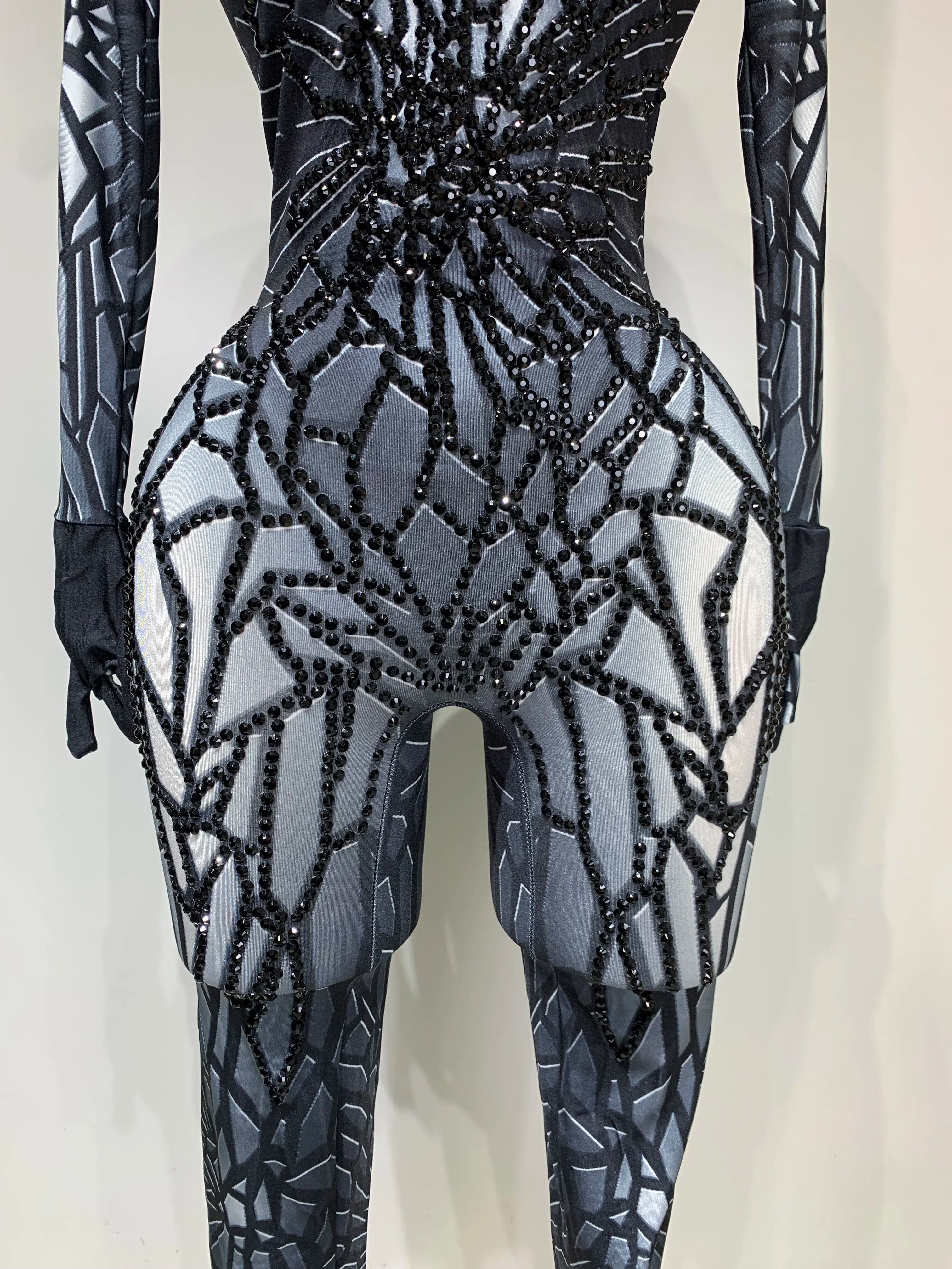 Women Sexy Black Rhinestone Stretch Bodycon Jumpsuit Club Evening Party Birthday Wear Singer Dancer Stage Perform Costume