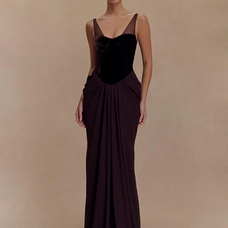 VC Chic Sleeveless Maxi Dress with Velvet Bodice and Chiffon Drape for Upscale Receptions Evening Gown