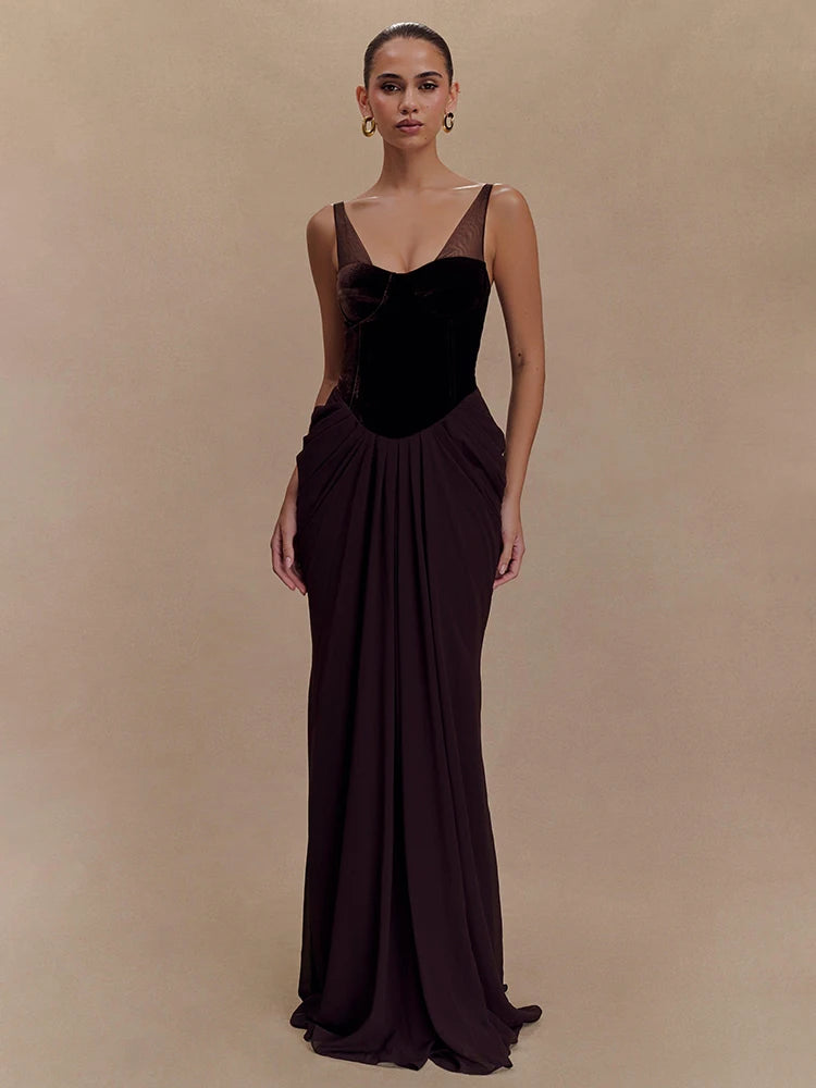 VC Chic Sleeveless Maxi Dress with Velvet Bodice and Chiffon Drape for Upscale Receptions Evening Gown