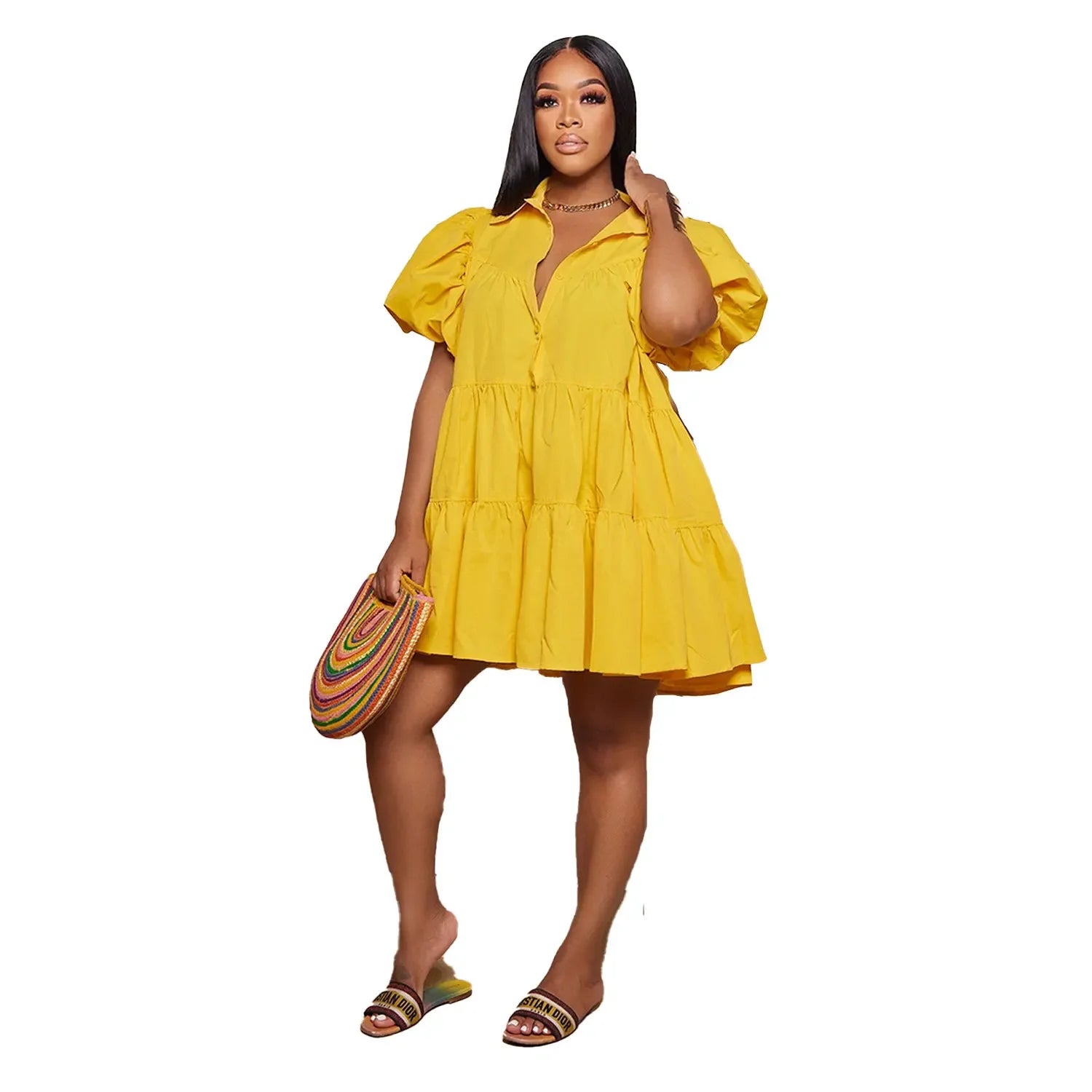 CM.YAYA Elegant Women Puff Sleeve Single Breasted Lapel Collar Babydoll Dress Street White Big Swing Loose Smock Shirt Dresses